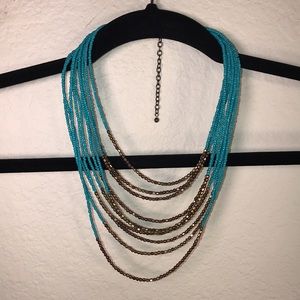 Multi-Layer Necklace, Turquoise and Brass Color Beads